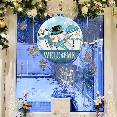 Winter Snowman Door Decorations, Blue Christmas Snowman Wreaths for Front Door, 12 Inch Winter Door Sign, Christmas Door Hanger Welcome Sign Wooden, Winter Wall Porch Hanging Decor, January Wreath in Saudi Arabia