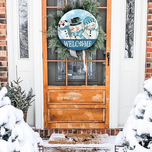 Winter Snowman Door Decorations, Blue Christmas Snowman Wreaths for Front Door, 12 Inch Winter Door Sign, Christmas Door Hanger Welcome Sign Wooden, Winter Wall Porch Hanging Decor, January Wreath in Saudi Arabia