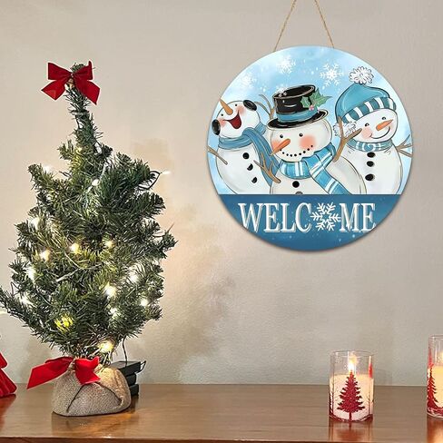 Winter Snowman Door Decorations, Blue Christmas Snowman Wreaths for Front Door, 12 Inch Winter Door Sign, Christmas Door Hanger Welcome Sign Wooden, Winter Wall Porch Hanging Decor, January Wreath in Saudi Arabia