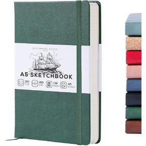 BEECHMORE BOOKS Sketch Book, A5, 5.8 x 8.3 inch Blank Sketchbook for Drawing, Paint and Draw, 156 Pages Thick Paper 160gsm, Hardcover Leather Art Notebook, Boxed for Gifts