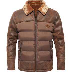 FANARCHER Mens Quilted Jacket Fur Collar Faux Leather Patchwork Bomber Lightweight Outwear with Zipper Pockets