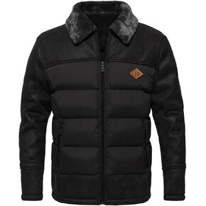 FANARCHER Mens Quilted Jacket Fur Collar Faux Leather Patchwork Bomber Lightweight Outwear with Zipper Pockets