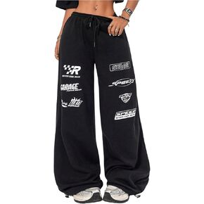 Verdusa Women's Elastic Waist Drawstring Loose Jogger Pants Letter Printed Wide Leg Sweatpants