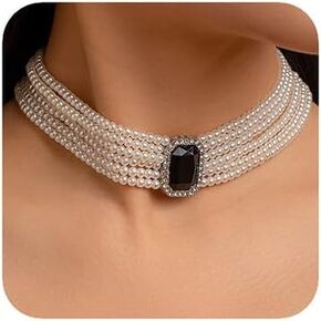 fxmimior Women Boho Multilayer 1920s Rhinestone Necklaces Green Red Dainty Pearls Layered Choker Necklaces Black Fashion Chunky Pendant Adjustable Layering Chain Necklaces for Women in Kuwait