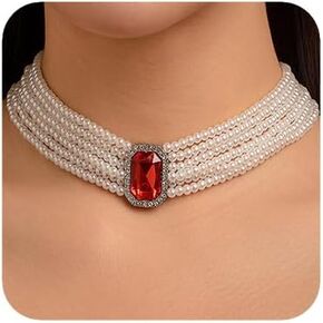 fxmimior Women Boho Multilayer 1920s Rhinestone Necklaces Green Red Dainty Pearls Layered Choker Necklaces Black Fashion Chunky Pendant Adjustable Layering Chain Necklaces for Women in Saudi Arabia
