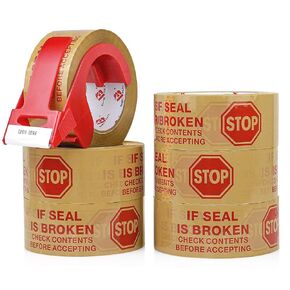 BOMEI PACK Stop Sign Sealing Tape,Brown Packing Tape with Pre-Printed If Seal is Broken Check Contents Before Accepting,Brown Shipping Tape with Dispenser for Packaging,Moving 2 Inch x 110 Yards