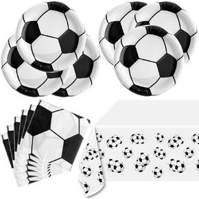 Soccer Party Tableware ,16 Plates and 16 Napkins and Tablecloth 71 '' x 42 ''Soccer Sports Themed Birthday Decorate Supplies