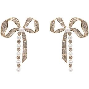 SEVENSTONE Bowknot Tassel Earrings Silver Cuff Pearl Cubic Zirconia Crawler Bow Stud Chain Crystals Earrings Set for Women Girls
