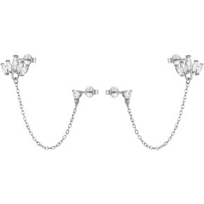 Cute Leaf CZ Round CZ Double Piercing Cuff Wrap Huggie Stud 925 Sterling Silver Earrings for Women Cartilage Two Holes Fashion Crystal Horse Eye Teardrop Climber Crawler Chain Threader Dangle Drop Hypoallergenic Jewelry Gift