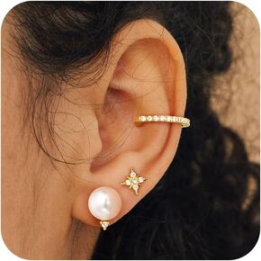 Pearl Earrings for Women, Trendy Pearl Ear Cuff Earring Set 14K Gold Plated Hypoallergenic Cartilage Earrings Small Gold Drop Hoop Huggie Earrings Diamond Stud Earrings Piercing Jewelry Gift
