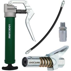 LockNLube Mini Grease Gun Kit. Includes Our Patented Grease Coupler (Locks on, Stays on, Won't Leak!) Plus a 12 Hose and in-line Hose Swivel.