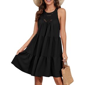 Women's 2024 Summer Sleeveless Halter Dresses Hollow Out A Line Tiered Sundresses Vacation Mini Dress