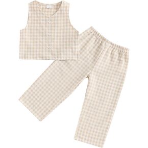 Plaid Outfit Toddler Girl Button Down V Neck Vest Sleeveless Tops Plaid Print Waistcoat Blazer and Wide Leg Pants