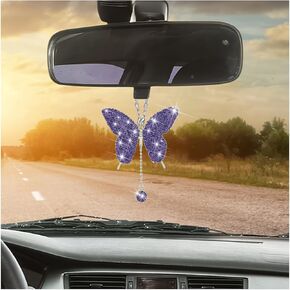 Bling Butterfly Car Accessories, Crystal Rhinestone Vehicle Rear View Mirror Charms, Lucky Diamond Auto Interior Hanging Ornament Pendant for Women Girls, Universal for Most Cars (Black)