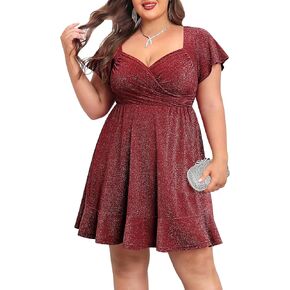 Plus Size Cocktail Dress - Sparkly New Year Eve Party Holiday Wrap V Neck Short Dress