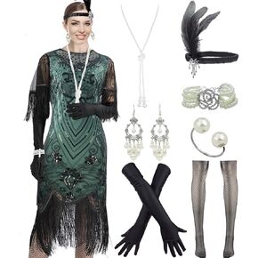 Women's 1920s Lace Neck Long Sleeve Great Gatsby Dress Sequin Art Deco Flapper Dress w/ 20s Accessories Set
