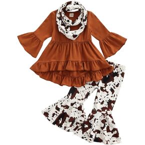 Lefyira Cowgirl Outfit Toddler Girl Bell Bottoms Set Ruffle Tunic Shirt Flare Long Sleeve Dress Tops Flare Pants with Scarf