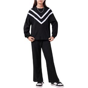 OYOANGLE Girl's 2 Piece Outfits Colorblock Round Neck Long Sleeve Tee Top with Rib Knit Pants Set