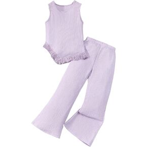 Verdusa Girl's 2 Piece Outfit Fringe Hem Sleeveless Tank Tops and Pants Sets