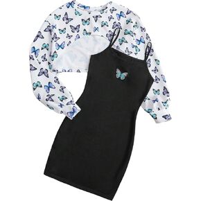 SHENHE Girl's 2 Piece Outfits Butterfly Print Mini Cami Dress and Crewneck High Low Crop Sweatshirt