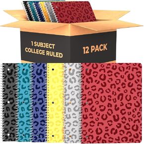 Spiral Notebooks College Ruled 1 Subject Spiral Notebook Pack of 6 Assorted Soft Colors, 8 x 10 1/2 Inch, 70 Sheets, Leopard Pattern Notebooks for Work & School