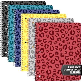 Spiral Notebooks College Ruled 1 Subject Spiral Notebook Pack of 6 Assorted Soft Colors, 8 x 10 1/2 Inch, 70 Sheets, Leopard Pattern Notebooks for Work & School