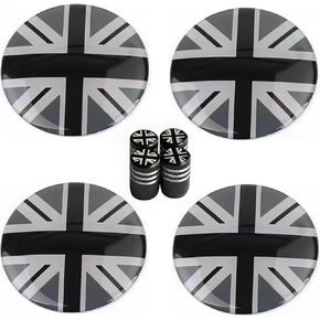 4PCS Black/Grey Union Jack UK Flag Style Wheel Center Caps + Valve Stem Caps, 52mm 2 inches Center Caps for Rims Compatible with Mini Cooper R50 R51 R52 R53 R55 R56 R57 R58 R59 R60 R61 F55 F56, etc.
