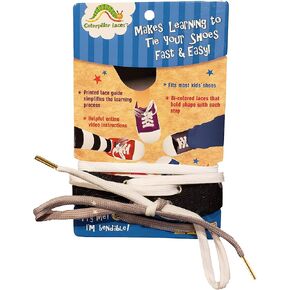 Jahy2Tech Caterpillar Shoe Laces - Learn to tie Shoes Fast and Easy - Bi-Colored, Holds Shape, Printed Guide (Practice Leg Strap and Laces)