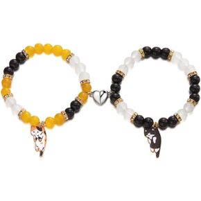 DATOA 2Pcs Cute Kawaii Cartoon Cat Couple Friendship Bracelet Animal Heart Bracelets Y2k Colorful Cat Glass Beaded Bracelet for Women Men Relationship Jewelry Gifts