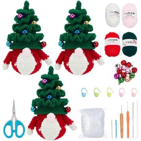 origach 3 مجموعات عيد الميلاد الكروشيه جنوم عدة للمبتدئين، DIY طقم الكروشيه للمبتدئين للبالغين، مجموعة الكروشيه كاملة مع فيديو تعليمي خطوة بخطوة لحلي حفلة عيد الميلاد