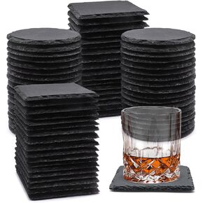 12 Pack Slate Drink Coasters with Metal Holder, VIBRATITE 4 Inch Black Stone Coasters Bulk with Anti-Scratch Bottom for Drink Coffee Bar Kitchen Home Decor Engraving, Round