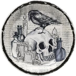 Halloween disposable platles with Skull Candle Holder with Raven Decor, 8.75 x 8.75inches, Black and White 16 pcs