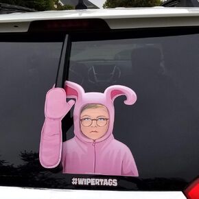 Pink Nightmare Bunny Winter WiperTag USA Christmas with Decal attaches to rear vehicle wiper blade