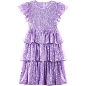 WELAKEN Girls Sequin Dress Glittering Flutter Sleeve Tiered Layer Birthday Party Dresses in Kuwait