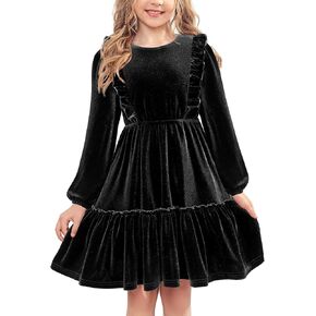 Arshiner Girls Dress Long Sleeve A Line Ruffled Smocked Casual Dress with Pockets 5-14 Years