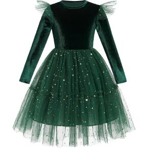 IBAKOM Girl Shiny Sequins Velvet Tulle Dress Long Sleeve Toddler Christmas Outfits Fall Winter Baby Formal Wedding Dresses