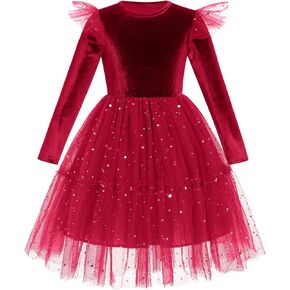 IBAKOM Girl Shiny Sequins Velvet Tulle Dress Long Sleeve Toddler Christmas Outfits Fall Winter Baby Formal Wedding Dresses in Kuwait