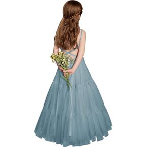 Boho Flower Girl Dress Tulle Ruffles Pageant Formal Dresses for Wedding Backless Party Holiday Communion