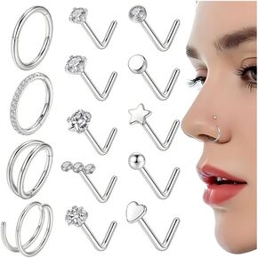 CASDAN 14Pcs 20G Nose Ring Studs For Women 14K Gold Plated Nose Rings 316L Surgical Steel Gold Nose Rings 18G Nose Rings Hoops L Shaped Nose Stud Hypoallergenic Nose Piercing Jewelry for Women Men