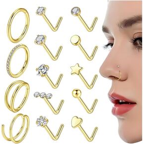 CASDAN 14Pcs 20G Nose Ring Studs For Women 14K Gold Plated Nose Rings 316L Surgical Steel Gold Nose Rings 18G Nose Rings Hoops L Shaped Nose Stud Hypoallergenic Nose Piercing Jewelry for Women Men