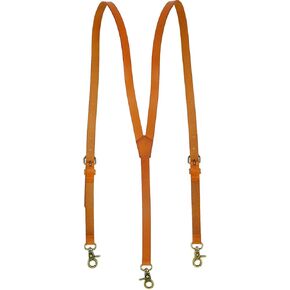 Men's Brown Shiny Genuine Leather Suspenders, Steampunk Style Y back Adjustable Belt Loop, 3 Snap Hooks