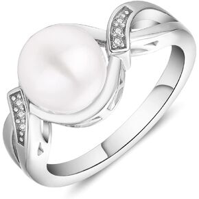 JO WISDOM Pearl Ring,925 Sterling Silver Infinity Cubic Zirconia Women's Rings with 9mm White Freshwater Cultured Pearl Ring size 5-10