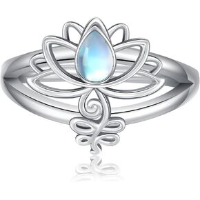 KZX Moonstone Lotus 925 Sterling Silver Lotus Flower Ring Lotus Ring Band Jewelry Birthday Valentine's Day Gifts for Women Girls(Ring Size 6-9)