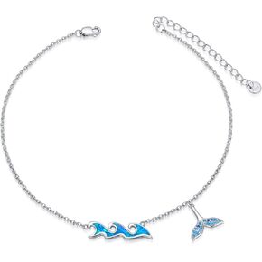 LONAGO Ocean Wave Sea Beach Anklet with Synethic Blue Opal Mermaid Tail Charm Sterling Silver Adjustable Ankle Foot Bracelet for Women