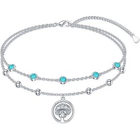 Genuine Turquoise Anklet with mushroom, Sterling Silver Summer Beach Dainty Bohemia Nature Gemstone Jewelry for Women, 9+2''