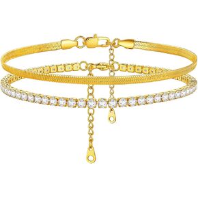 ChainsHouse Stainless Steel Anklet for Women, 18K Gold Plated Waterproof Layering Cubic Zirconia Beaded Snake Cuban Chain Anklets Set for Women Summer Beach Jewelry Gifts