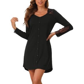 cheibear Womens Long Sleeve Nightgown Lace Trim V-Neck Nightshirt Sleepwear Pajama Dress