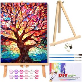 Tree Paint by Numbers for Adults-Stained Glass Paint by Number on Canvas with Frame and Easel, DIY Trees Oil Painting for Gift Home Wall Decor(12x16inch)