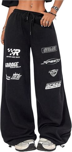 Verdusa Women's Elastic Waist Drawstring Loose Jogger Pants Letter Printed Wide Leg Sweatpants in Saudi Arabia