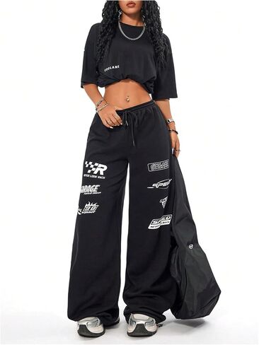 Verdusa Women's Elastic Waist Drawstring Loose Jogger Pants Letter Printed Wide Leg Sweatpants in Saudi Arabia
